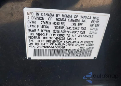 2007 Honda Ridgeline Rtl из США, поврежденный, VIN 2HJYK16517H501888